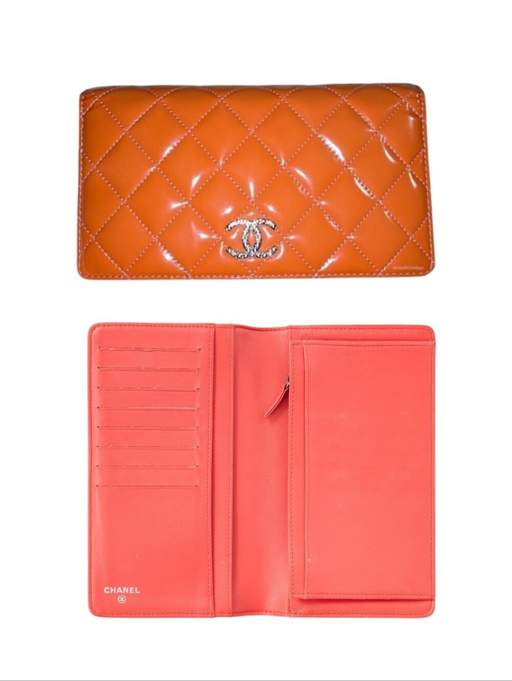 LIKE NEW!!! Chanel Coral Diamond Quilted Patent Leather CC Continental Wallet